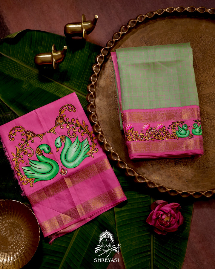 Handloom Pure Kanjivaram Silk Saree in Real Zari with Tanjore Annapakshi and Kamalam Artwork