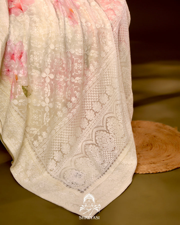 Georgette floral saree with chikankari embroidery