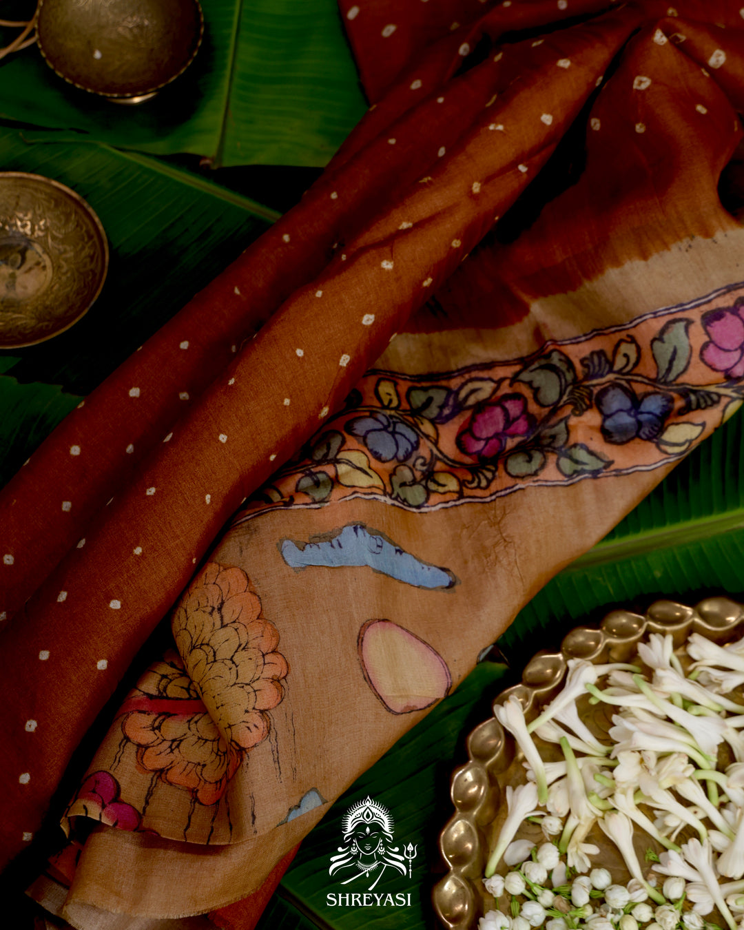 Handloom Pure Tussar Silk Saree with Hand Knotted Bandhej and Pen Kalamkari Pallu and Blouse