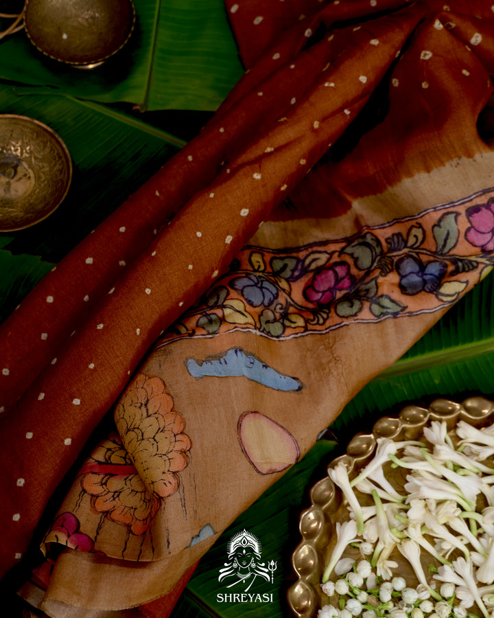 Handloom Pure Tussar Silk Saree with Hand Knotted Bandhej and Pen Kalamkari Pallu and Blouse