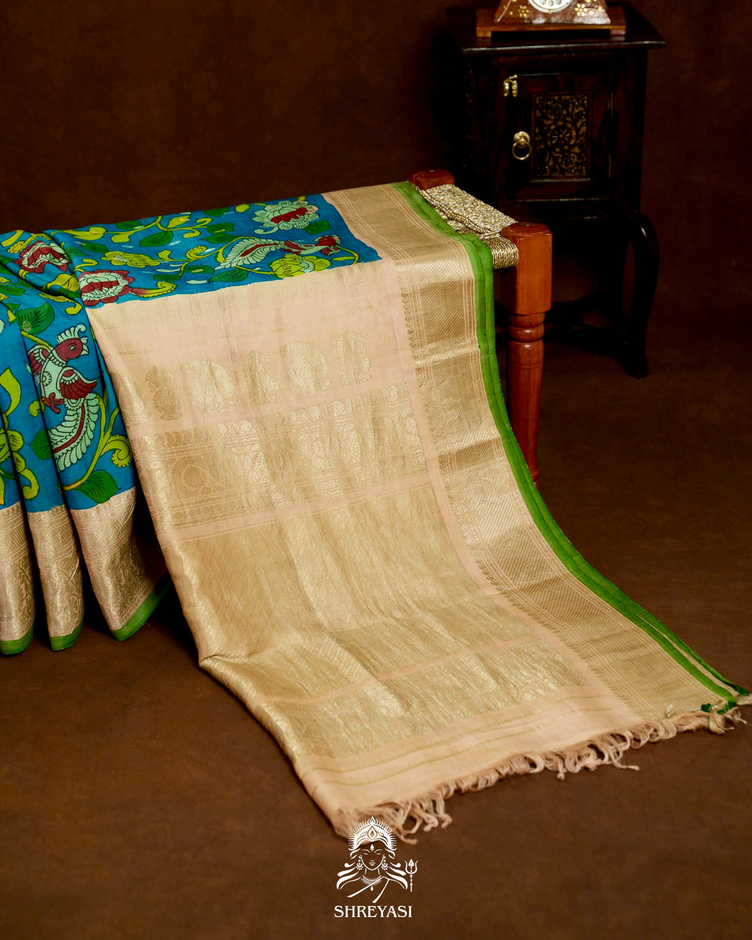 Handloom Pure Gadwal Silk Saree with Hand Painted Pen Kalamkari and Silver Zari Borders