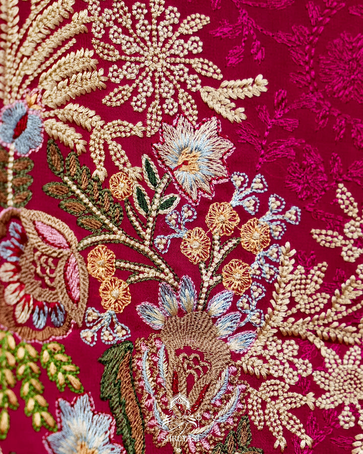 Premium Pure Georgette Chikankari Saree in Jewel Magenta with Embroidered Floral Borders
