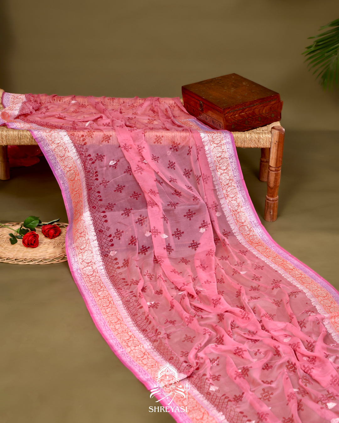 Banarasi Khaddi Chiffon Georgette Saree with Hand Block Motifs