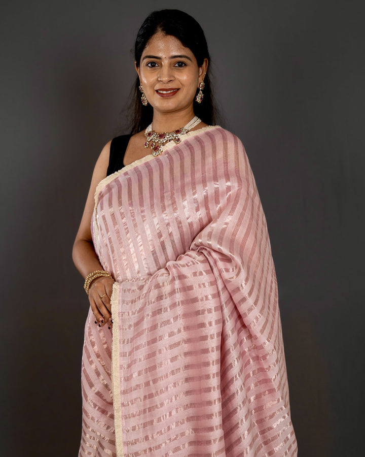 Handloom Pure Chanderi Silk Saree in Blush Pink with Silver Zari Stripes and Embroidered Floral Blouse