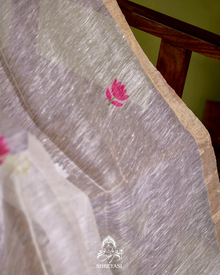 Handloom Silk Linen Jamdani Saree with Tissue Paithani Pallu