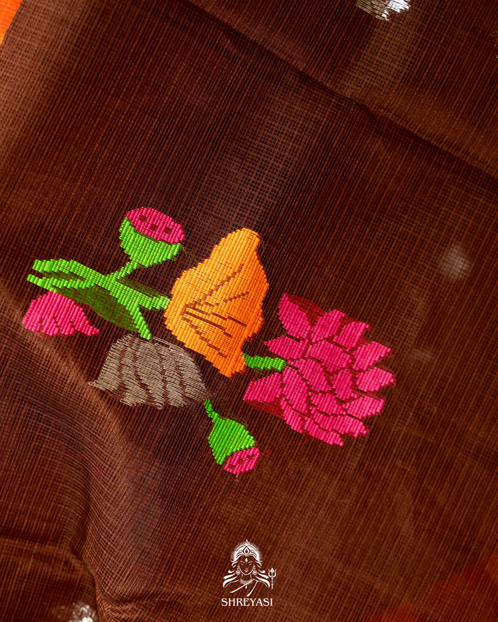 Chocolate Brown Handloom Pure Zari Kota Saree with Orange Contrast Blouse