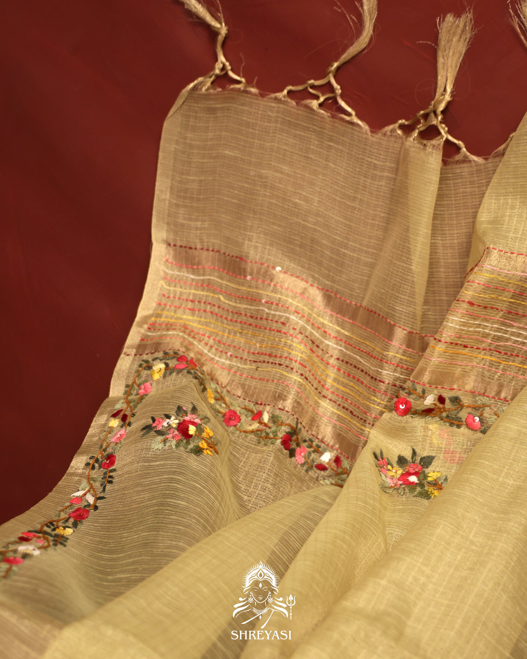 Tissue Linen Saree with Resham Floral Embroidery