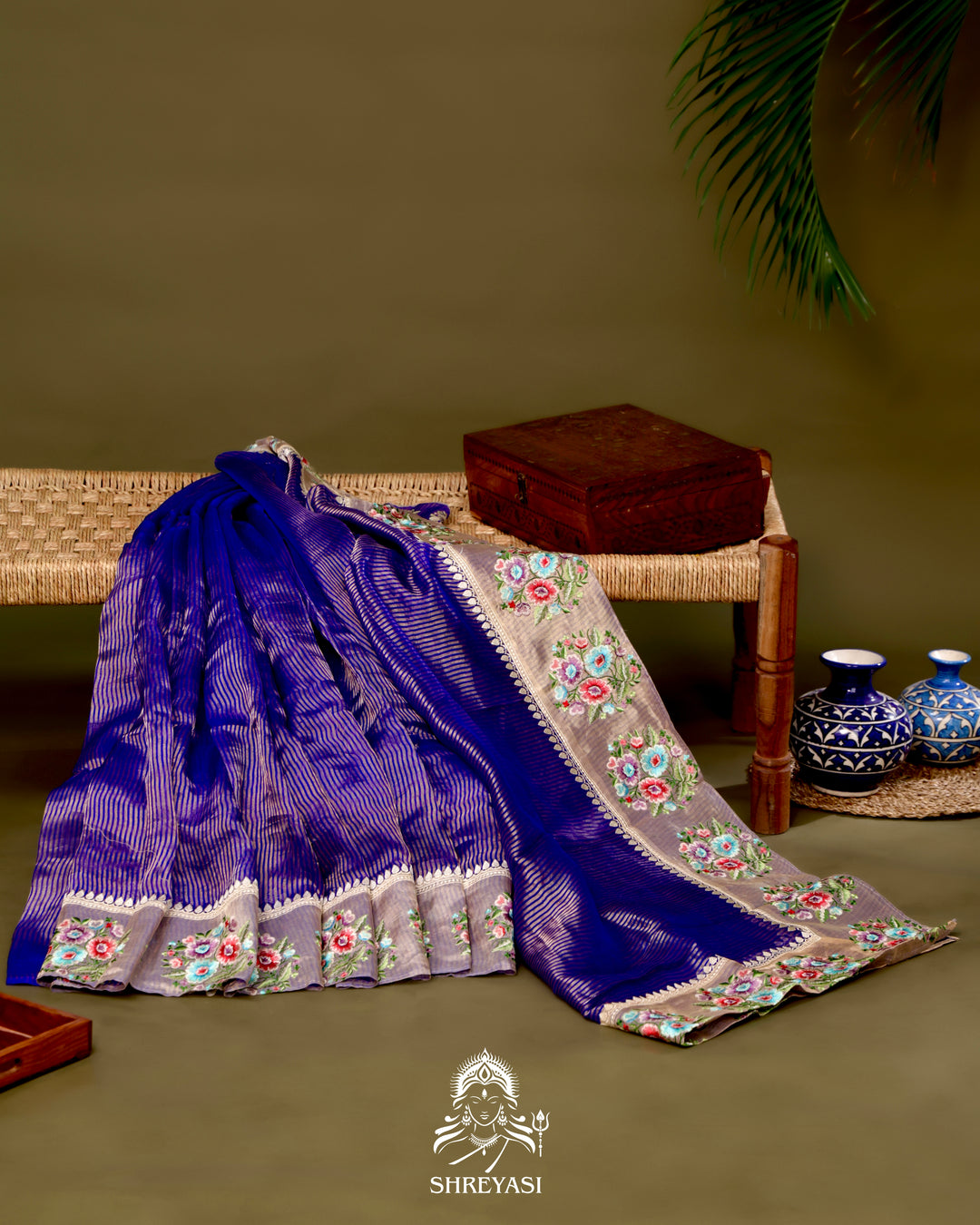 Handloom Banarasi Tissue Stripe Silk Saree with Satin Stitch Floral Embroidered Borders