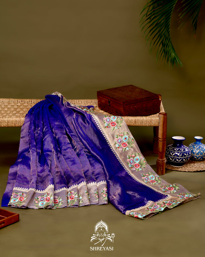Handloom Banarasi Tissue Stripe Silk Saree with Satin Stitch Floral Embroidered Borders