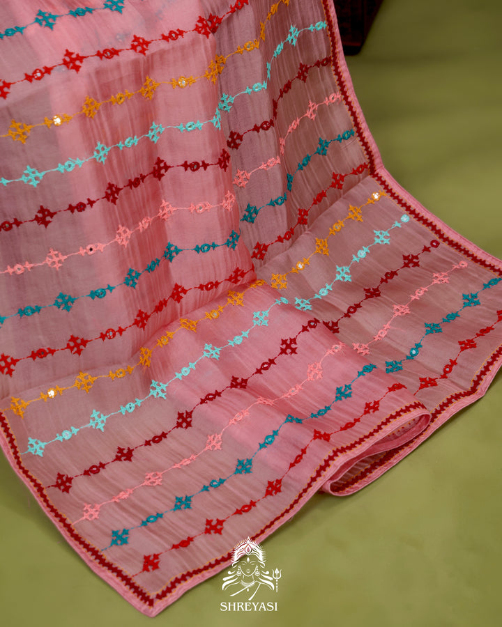 Pure Organza Silk Saree with Hand Embroidered Kutchi Shisha Mirror Work