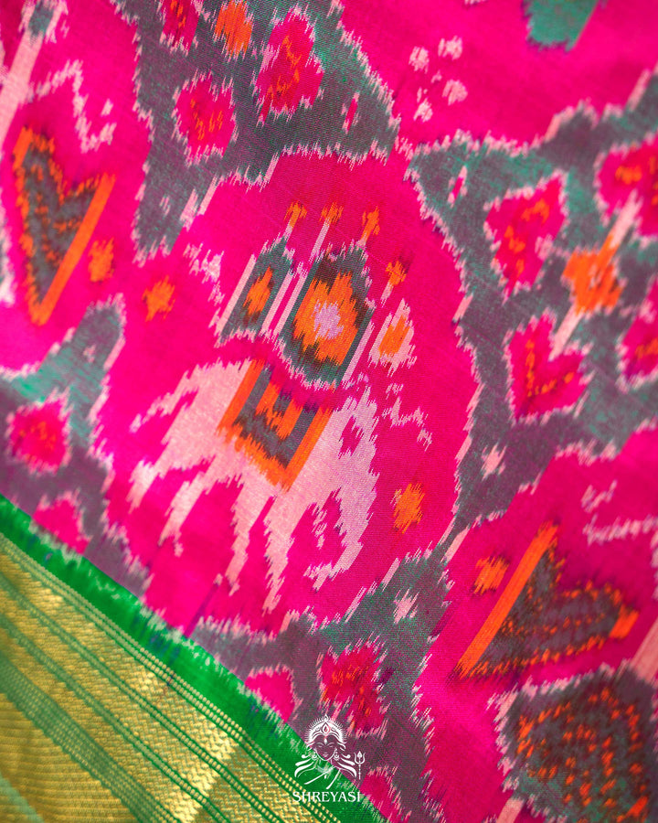 Pink & Green Handloom Pure Pochampally Silk Saree with Kanchi Borders