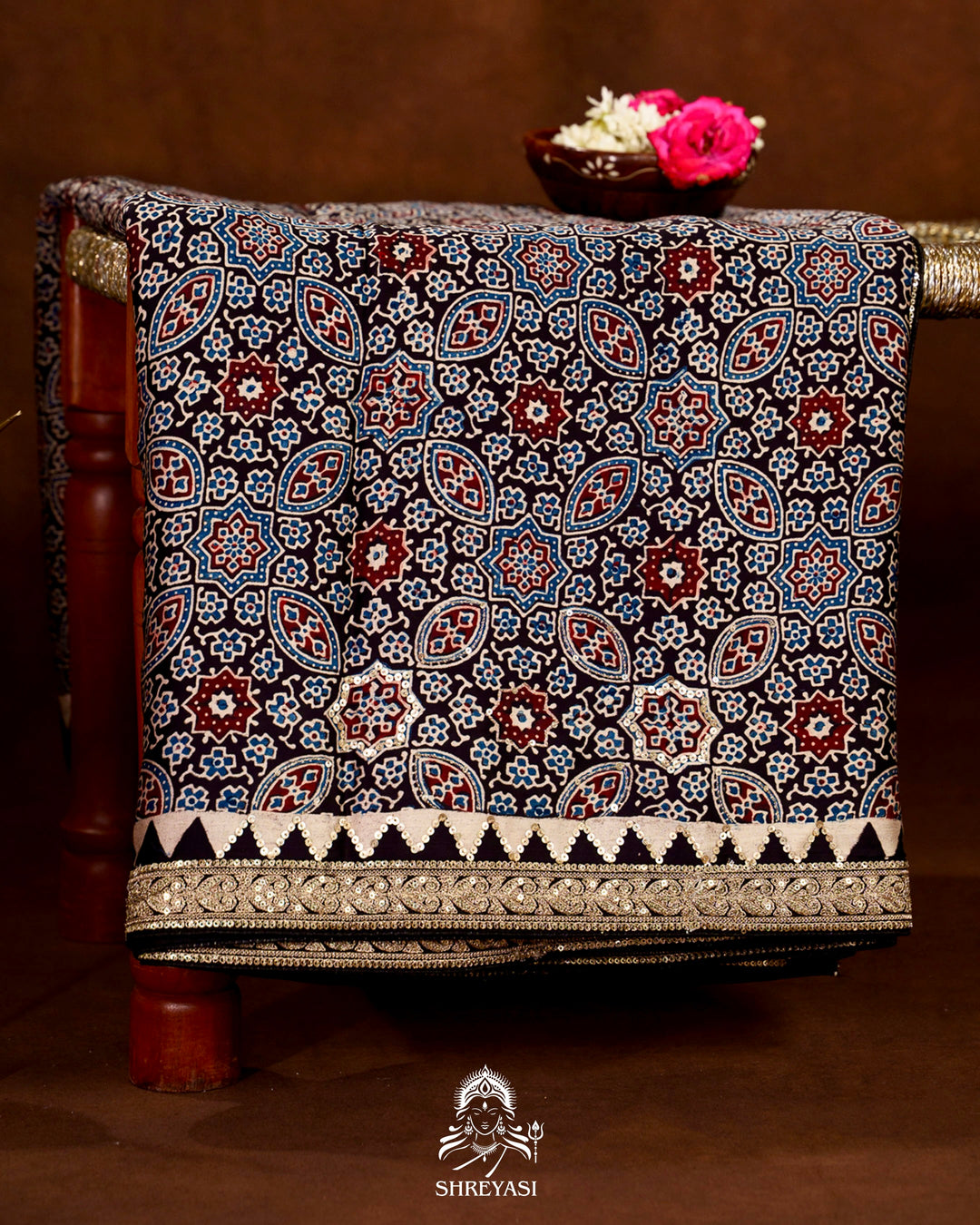 Handloom Pure Modal Silk Ajrakh Hand Block Printed Saree with Natural Dyes, All Over Aari Embroidery & Embroidered Borders