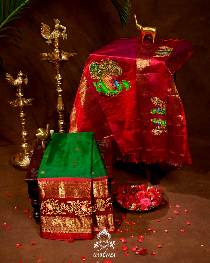 Handloom Pure Kanjivaram Silk Sarees with Real Zari and Hand Painted Tanjore Art