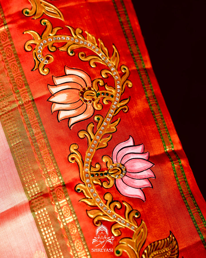 Traditional Tanjore Painting on Handloom Pure Kanjivaram Silk Sarees with Real Zari