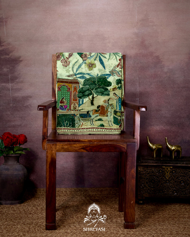 Pure Crepe Silk Storytelling Saree with Miniature Folklore Artwork