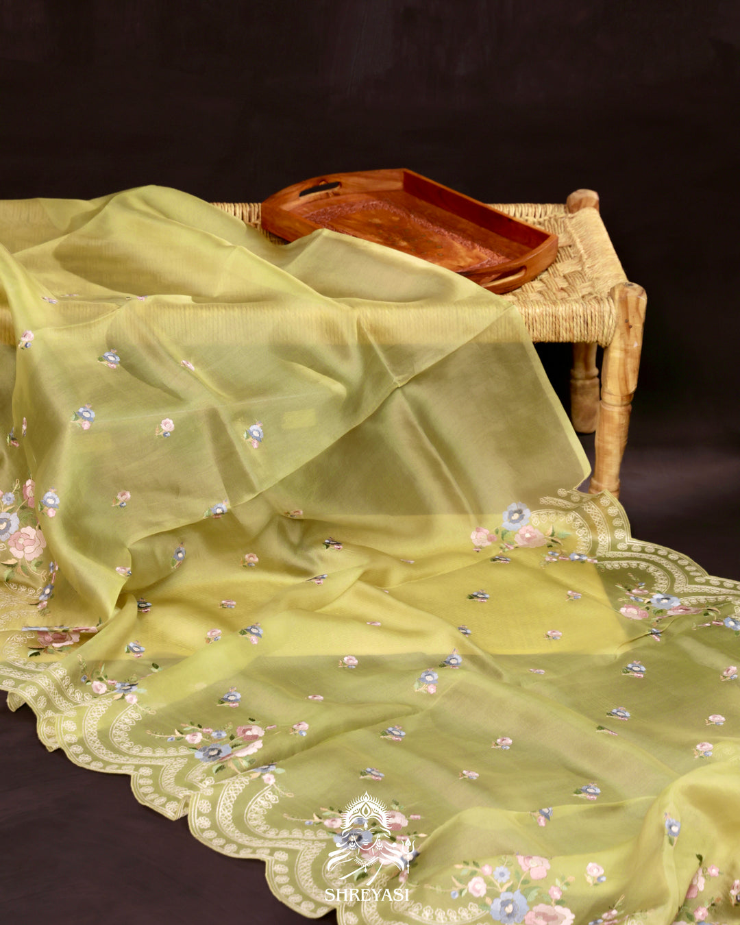Organza Silk Saree with Pita Hand Embroidery and Floral Threadwork