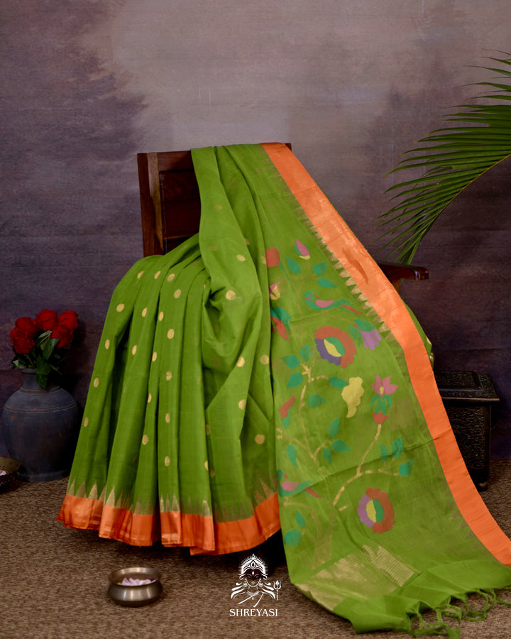 Handwoven Pure Ponduru Khadi Jamdani Saree in Fresh Leaf Green with Woven Floral & Bird Pallu