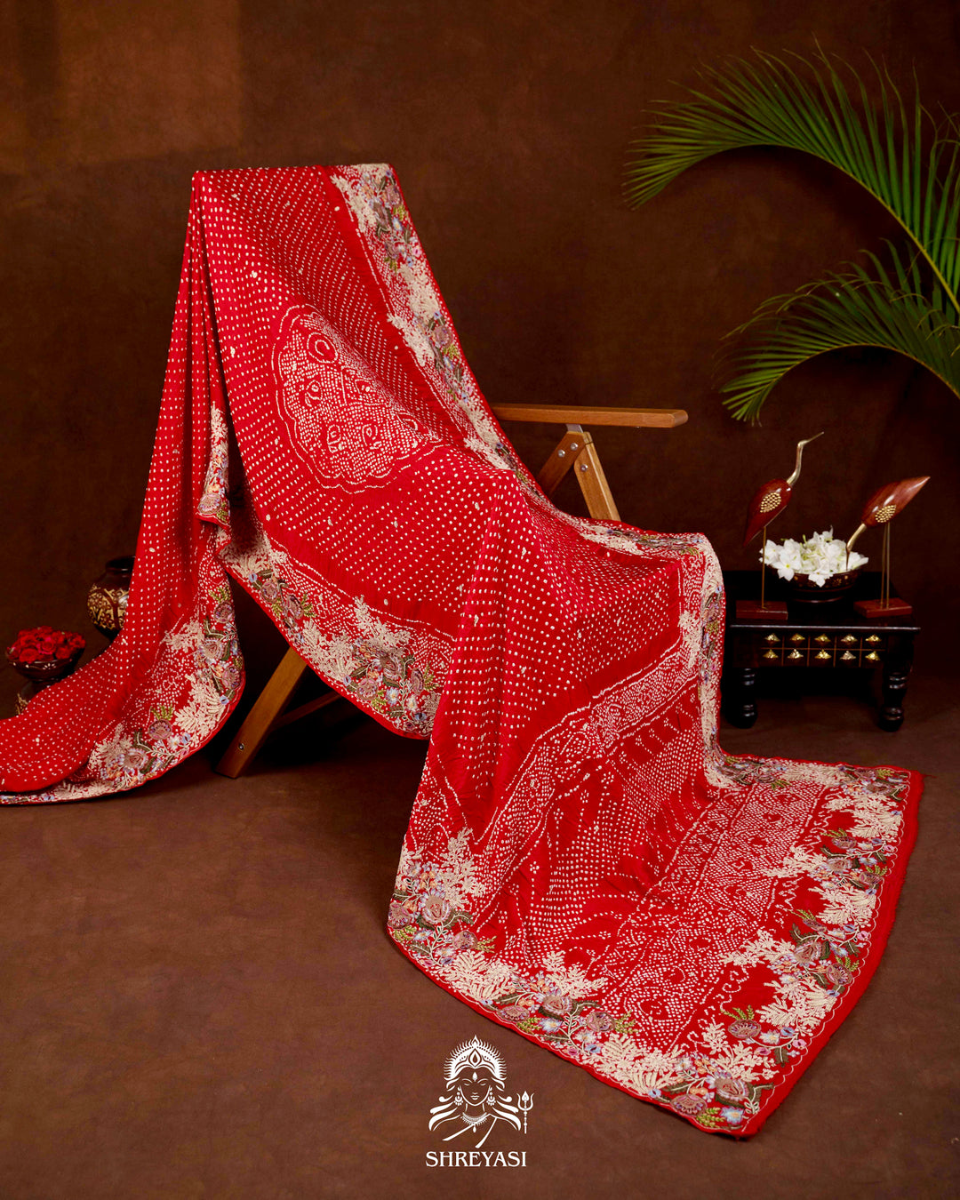 Handloom Pure Gaji Silk Bandhej Saree with Floral Embroidery in Scarlet Red