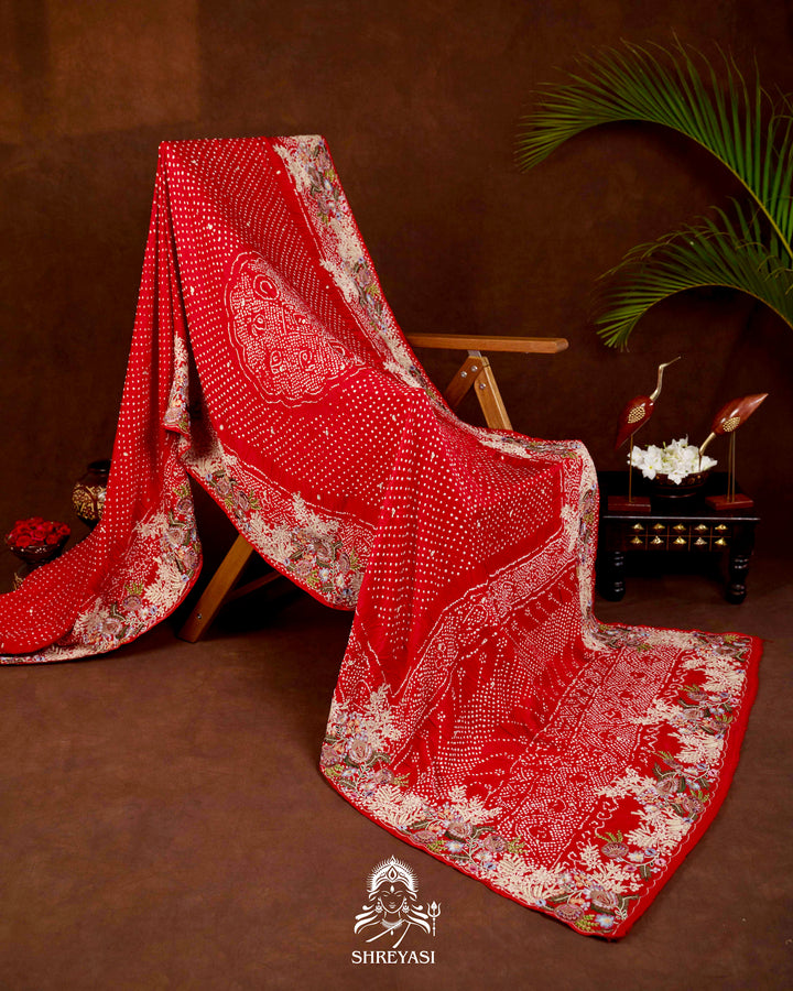 Handloom Pure Gaji Silk Bandhej Saree with Floral Embroidery in Scarlet Red
