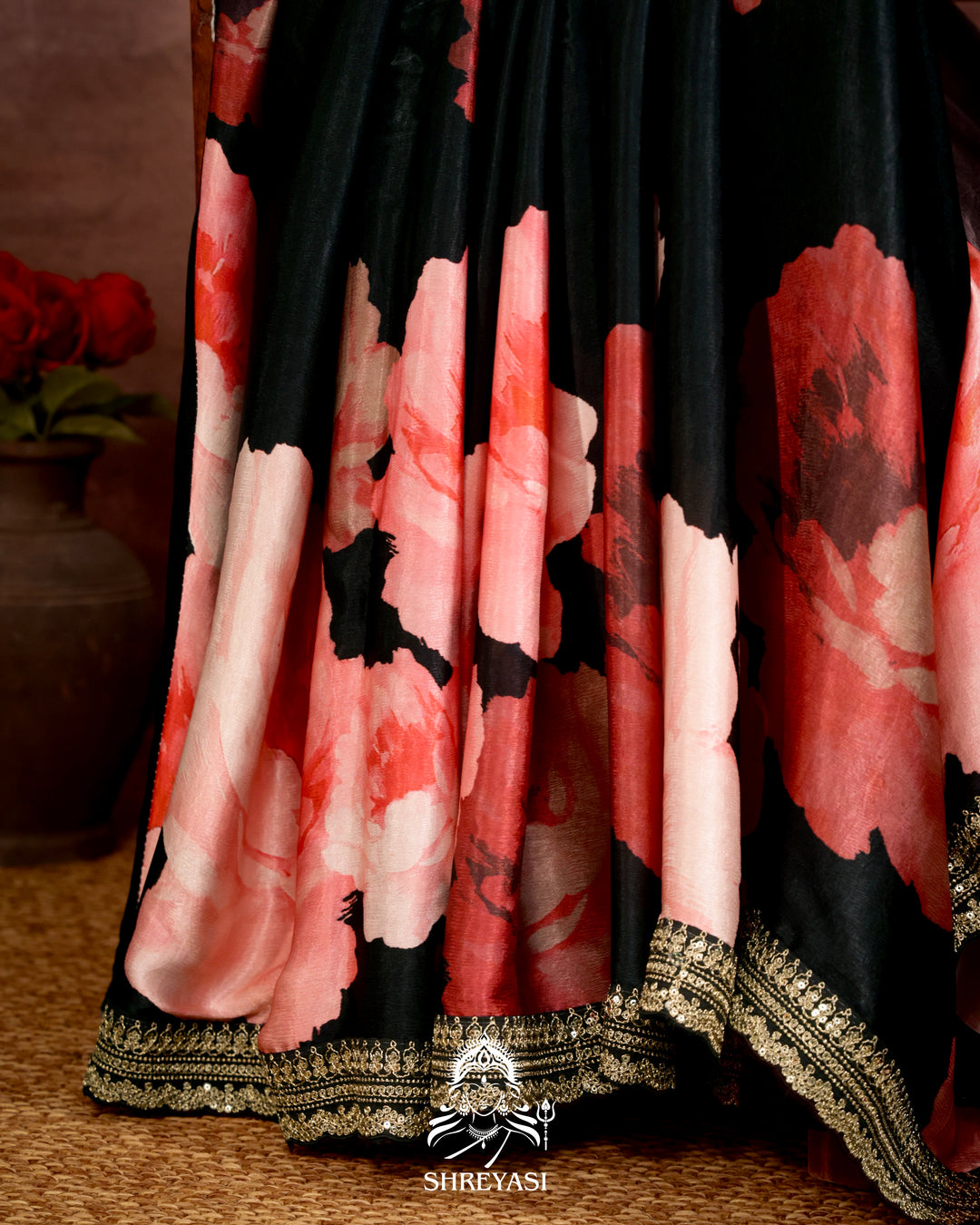 Black Chinon Satin Floral Saree with Embroidered Border
