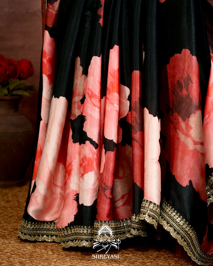 Black Chinon Satin Floral Saree with Embroidered Border