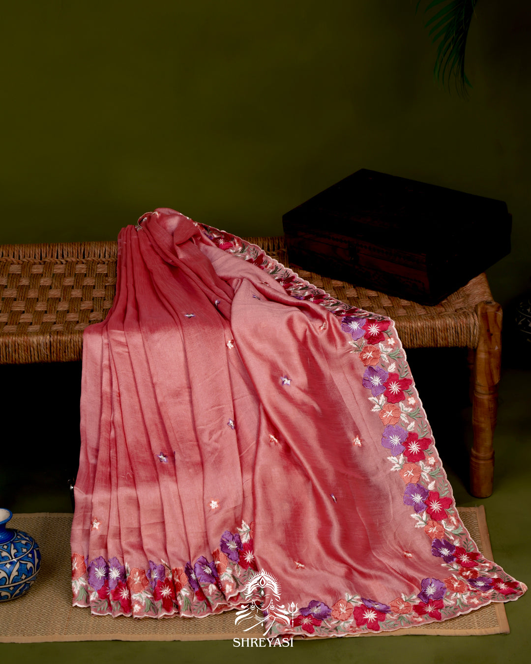 Tussar Silk Saree with Resham Floral Embroidery Border