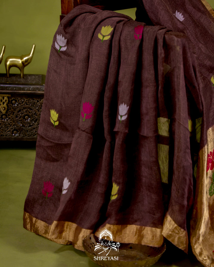 Handloom Silk Linen Jamdani Saree with Tissue Paithani Pallu