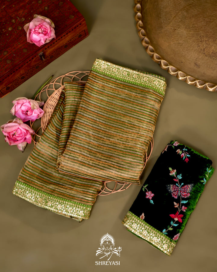 Banarasi Tissue Silk Half and Half Saree with Embroidered Borders and Petit Point Embroidered Velvet Blouse