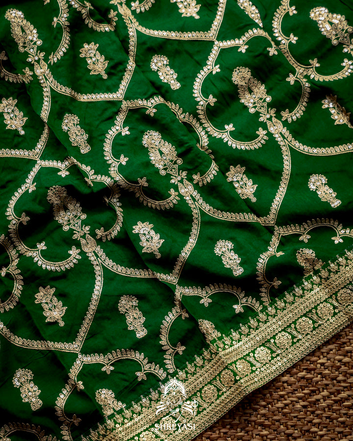 Pure Organza Silk Saree in Emerald Green with Embroidered Border
