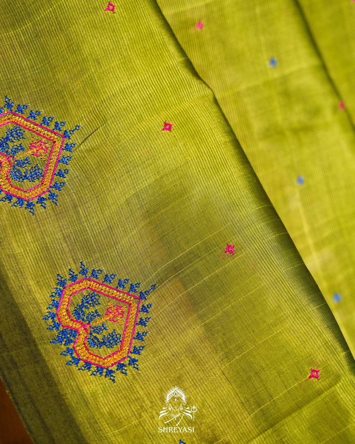 Handloom Pure Mangalagiri Silk Sarees with Mirror Work & Embroidery | Pen Kalamkari Blouse