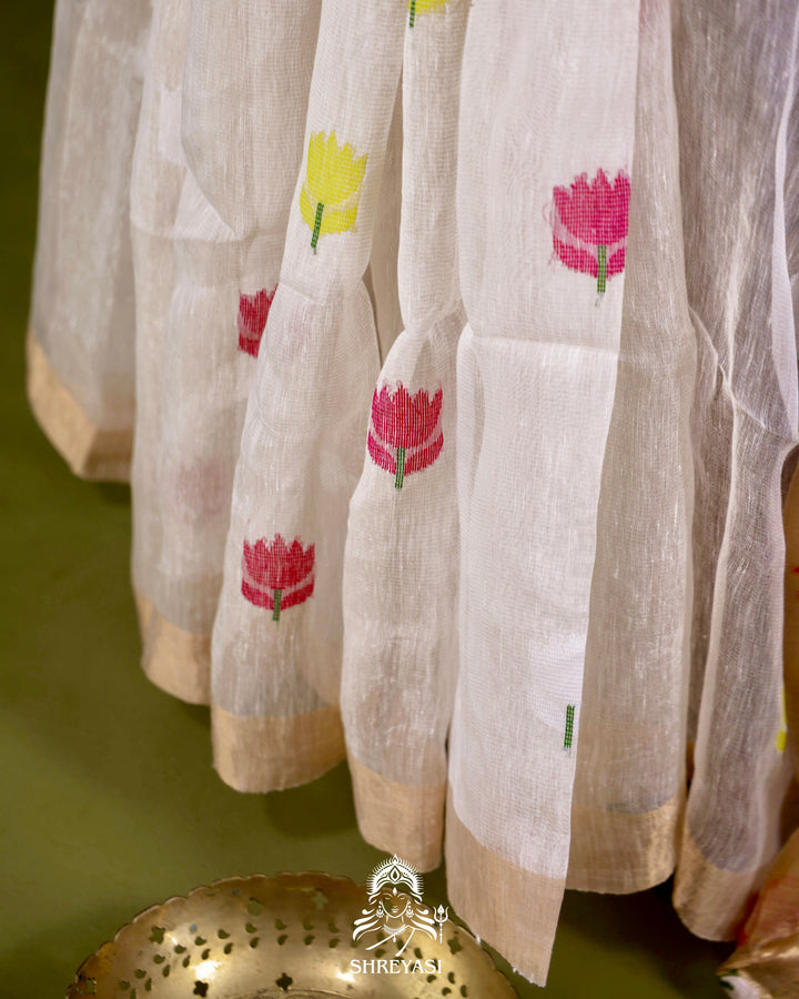 Handloom Silk Linen Jamdani Saree with Tissue Paithani Pallu