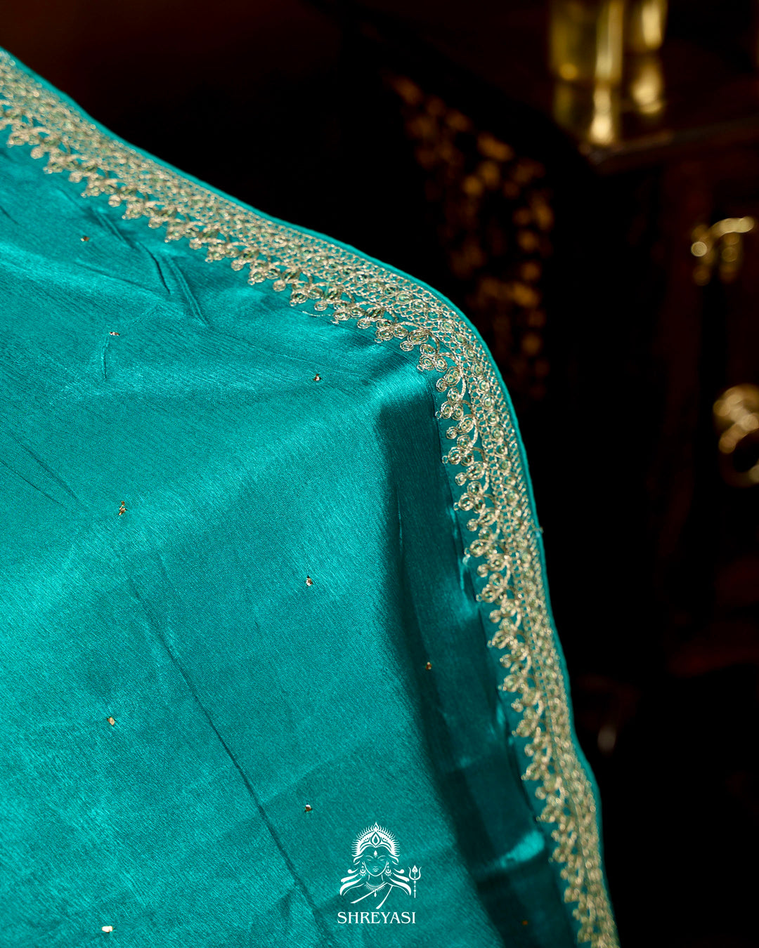 Pure Crepe Satin Saree with Embroidered Borders and Fully Embroidered Blouse