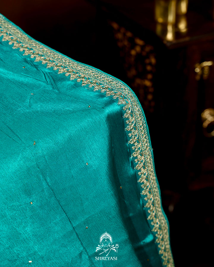 Pure Crepe Satin Saree with Embroidered Borders and Fully Embroidered Blouse