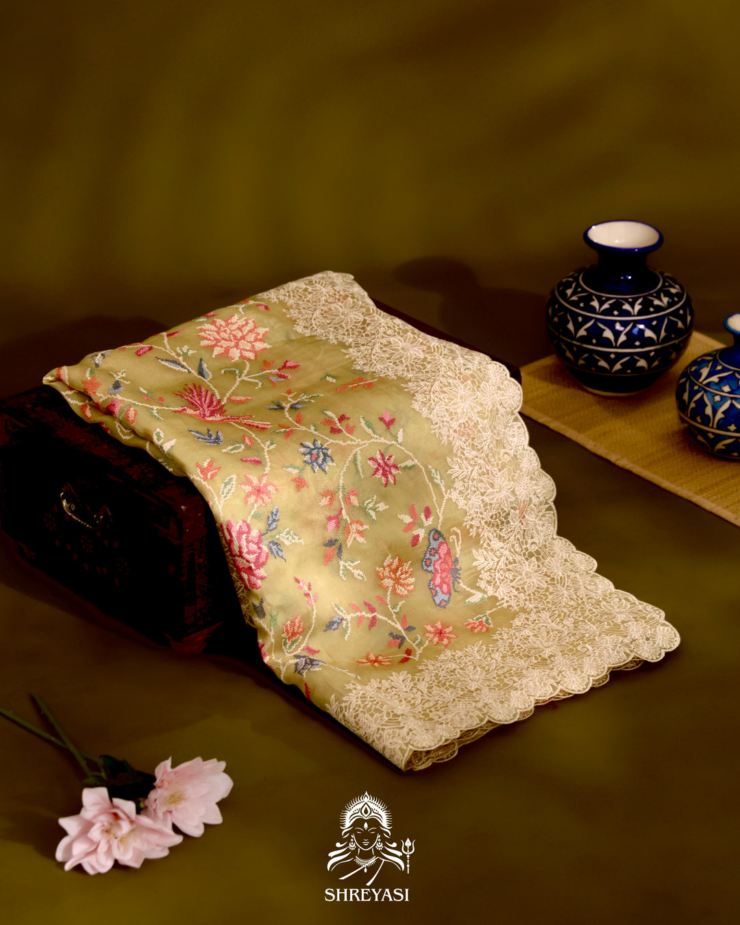 Organza Silk Saree with Petit Point Embroidery and Chantilly Lace Border