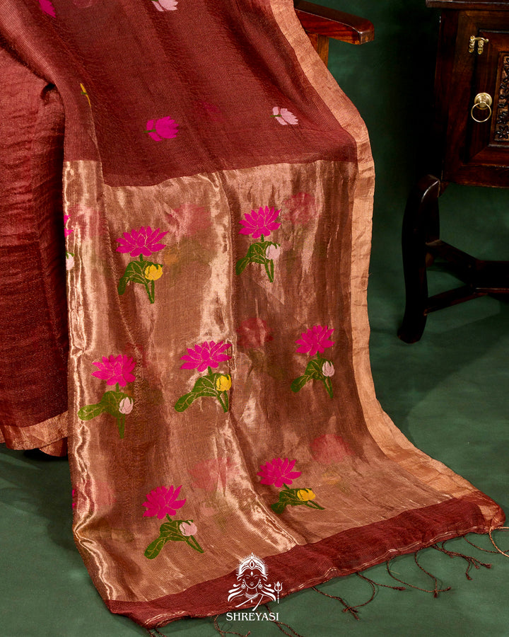Handloom Silk Linen Jamdani Saree with Tissue Paithani Pallu