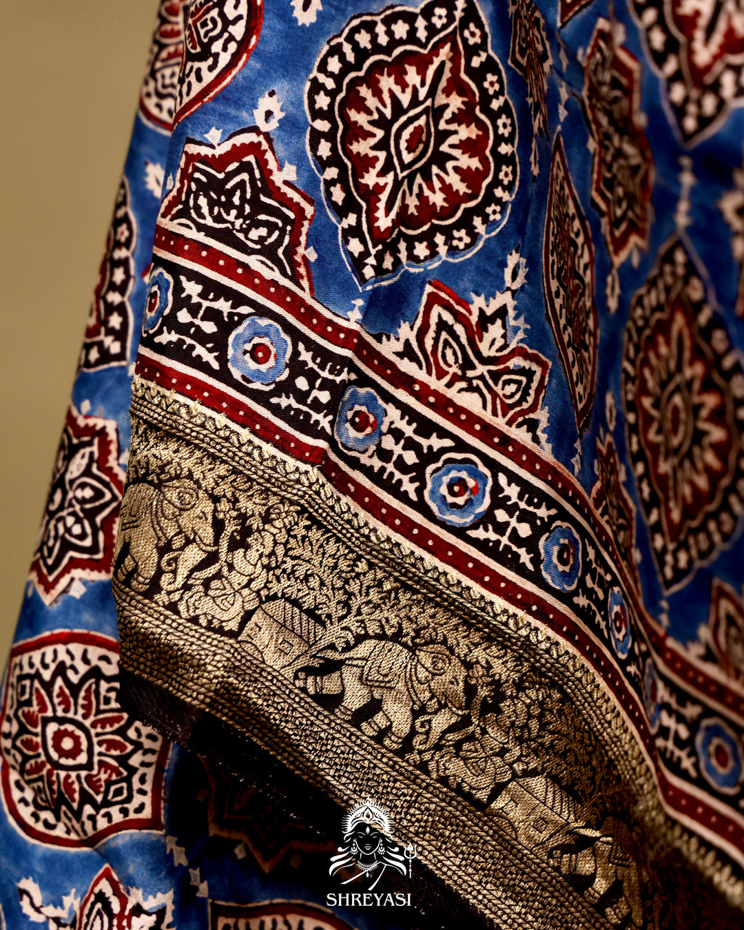 Hand Block Printed Ajrakh Dola Silk Saree with Zari Brocade Blouse