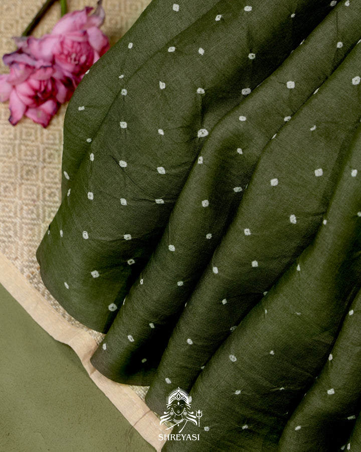 Handloom Pure Tussar Silk Saree with Hand Knotted Bandhej and Pen Kalamkari Pallu and Blouse