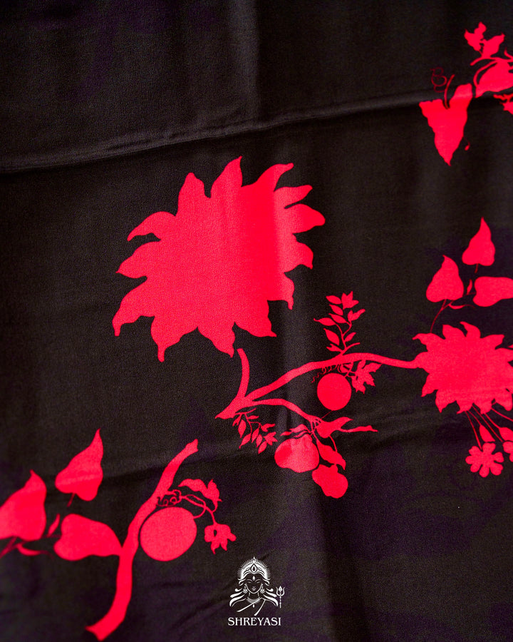 Pure Crepe Floral Saree in Black and Scarlet Red