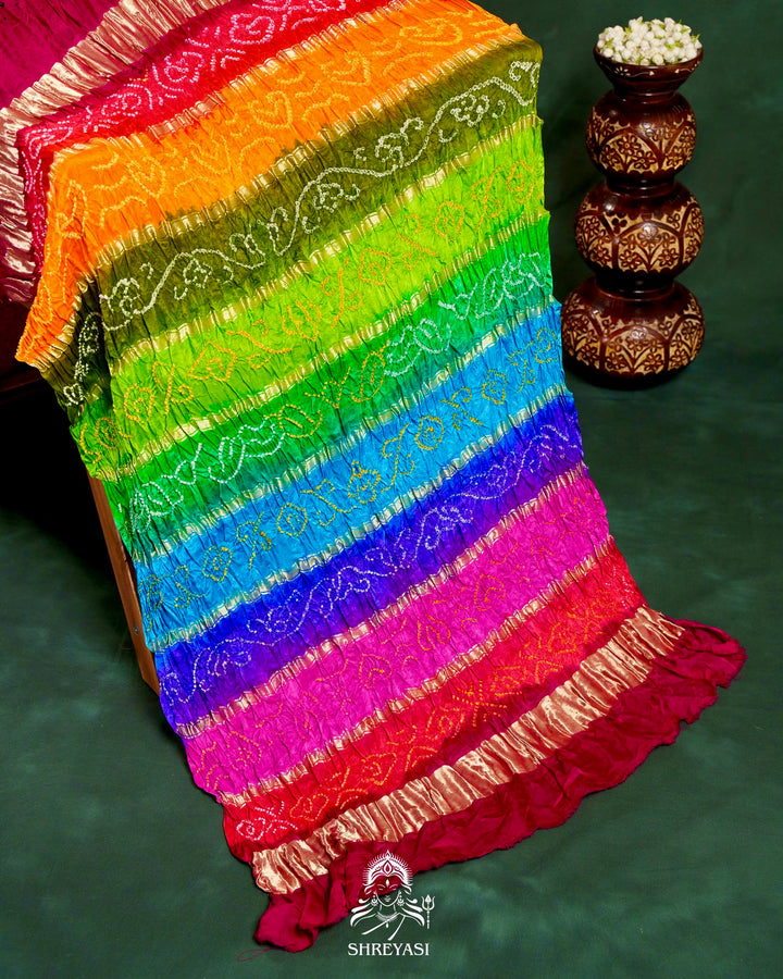 Handloom Pure Bandhani Gaji Silk Saree with Hand-Knotted Bandhej and Multicolored Bandhani Pallu