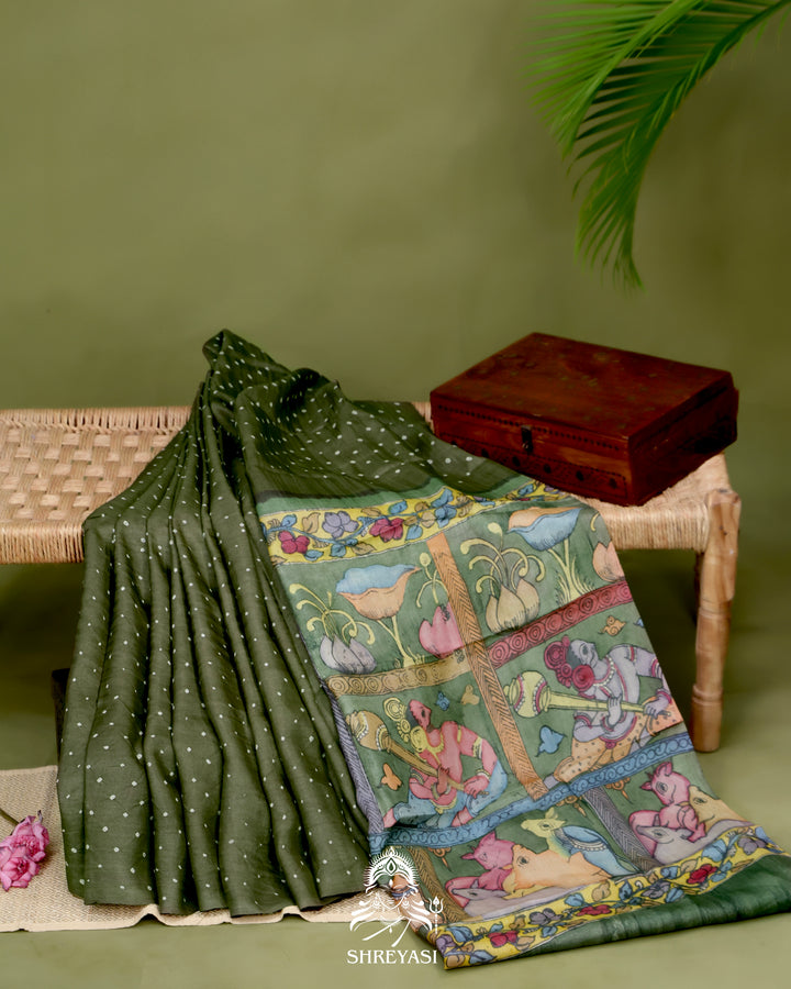 Handloom Pure Tussar Silk Saree with Hand Knotted Bandhej and Pen Kalamkari Pallu and Blouse