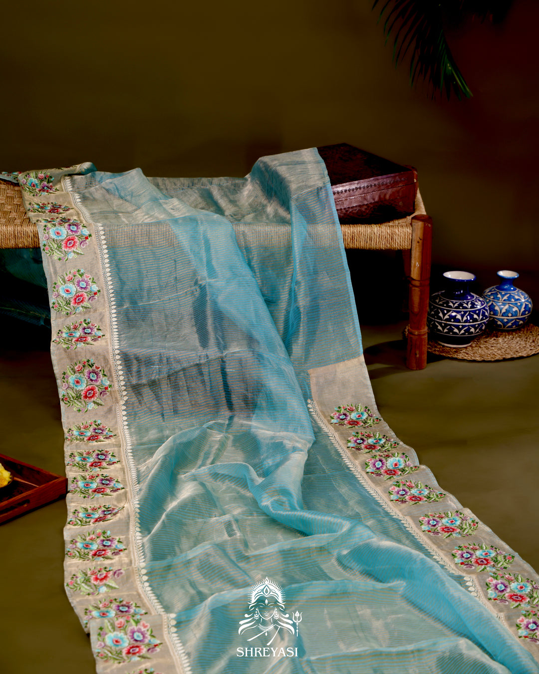 Handloom Banarasi Tissue Stripe Silk Saree with Satin Stitch Floral Embroidered Borders