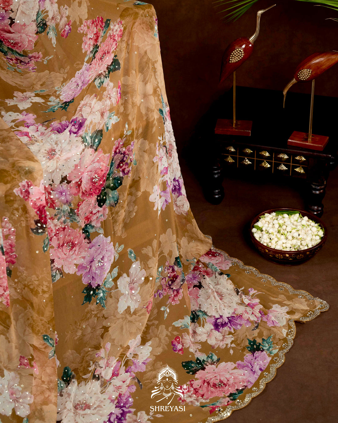 Hand Embellished Pure Georgette Floral Saree in Mocha Beige