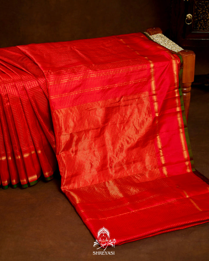 Handloom Pure Gadwal Silk Saree in Crimson Red with Gold Zari Checks