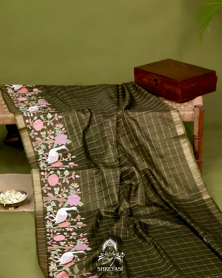 Pure Linen Tussar Silk Saree with Resham Embroidered Borders