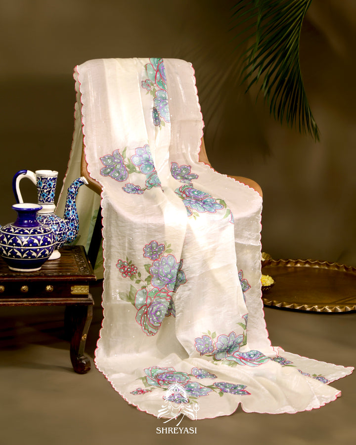 Glass Tissue Saree with Floral Print and  Embroidery