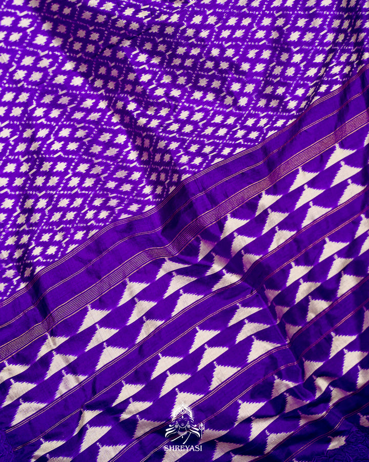 Handloom Pure Patola Silk Saree with Scalloped Floral Appliqué Embroidered Borders