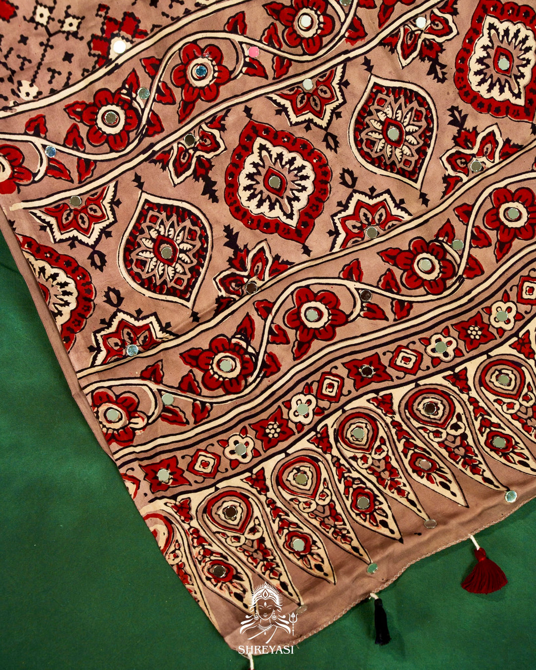 Mirror Work Pure Modal Silk Ajrakh Hand Block Printed Saree | Naturally Dyed Artisan Collection
