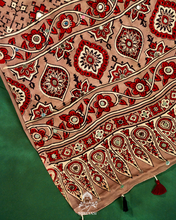 Mirror Work Pure Modal Silk Ajrakh Hand Block Printed Saree | Naturally Dyed Artisan Collection