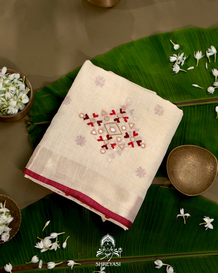 Bengal Linen Tissue Saree with Kathiyawadi Mirror Embroidery
