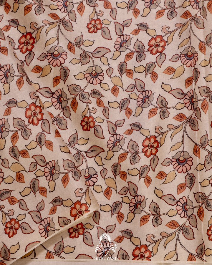 Kota saree with floral kalamkari appliqué work, contrast border, and lightweight breathable drape
